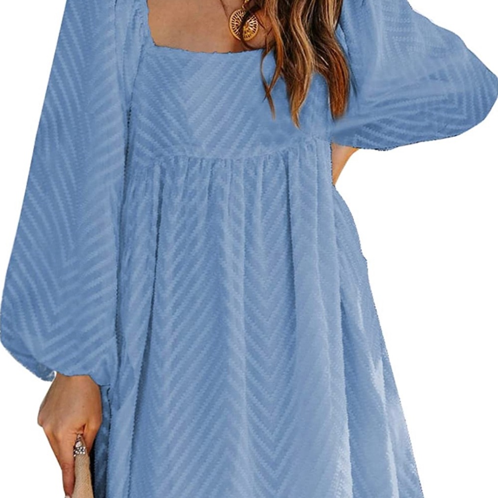Blue baby doll dress. Long sleeve, lined bodice, chevron print. Size M.